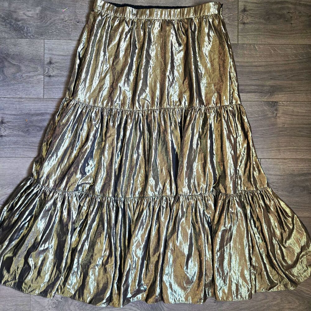 J.CREW Gold Metallic Lamé Tiered Maxi Skirt Large Holiday Party Lined Glam AT623